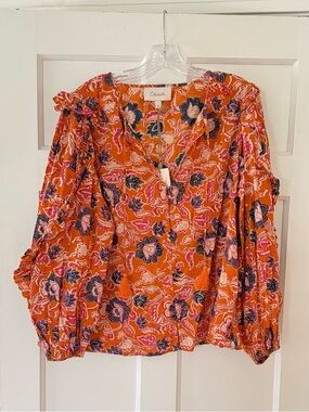 Cleobella Orange Floral Tassel V-Neck Peasant Top